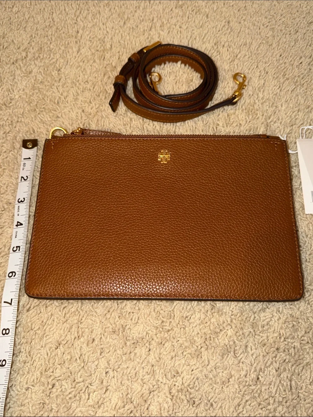 Tory Burch Blake Double Zip Slim Crossbody bag in a brown pebbled leather